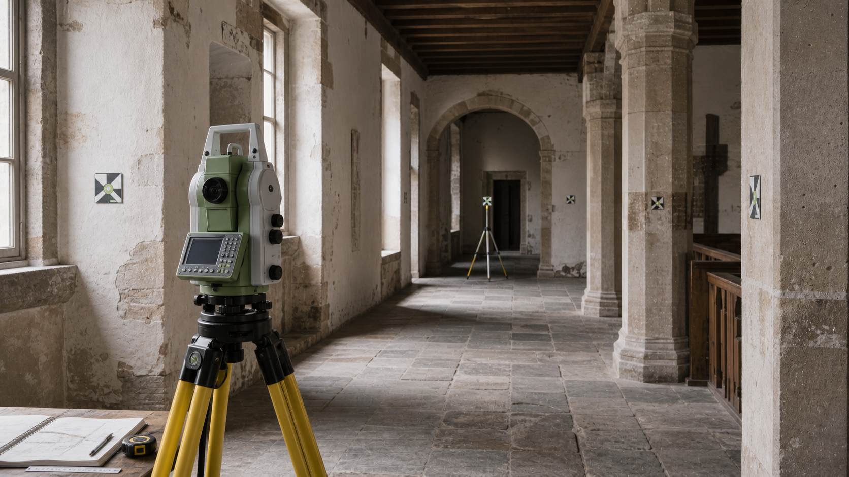 Tachymeter mit Zielmarken in historischem Gebaeudebestand