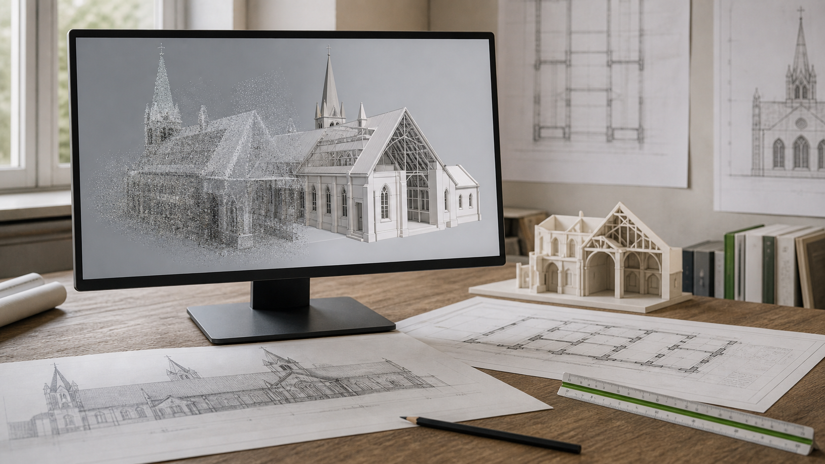 Bestandsmodell, Punktwolke und CAD-Plaene auf einem Arbeitsplatz