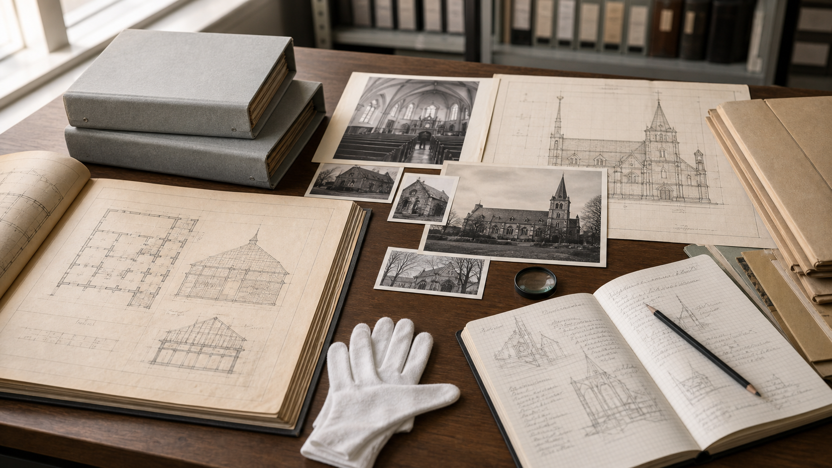 Historische Plaene, Fotografien und Archivdokumente auf einem Arbeitstisch