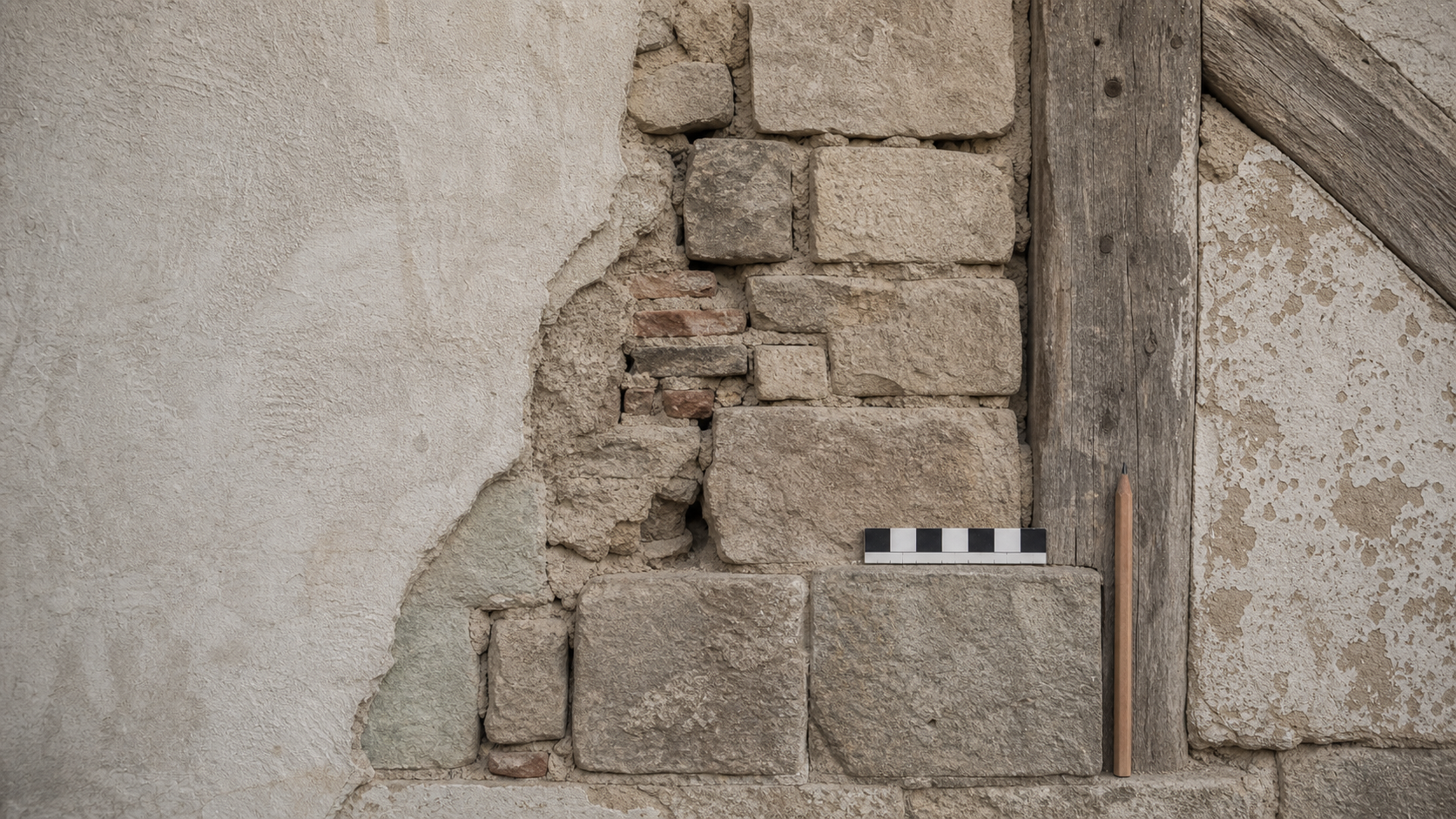 Historisches Mauerwerk mit Putzkanten, Holz und Messmassstab