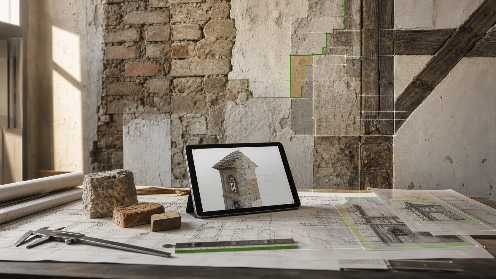 Historische Bauforschung mit Materialproben, Plaenen und digitaler Befundstruktur